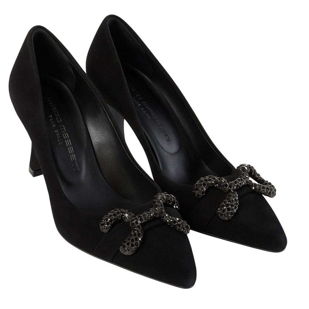 Marco Massetti Black Suede Rhinestone Bow Pumps EU 37 Made in Italy